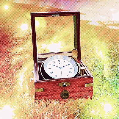 ULYSSE NARDIN - Schiffschronometer, Ansicht auf einer grünen Rasenfläche im Comicstil